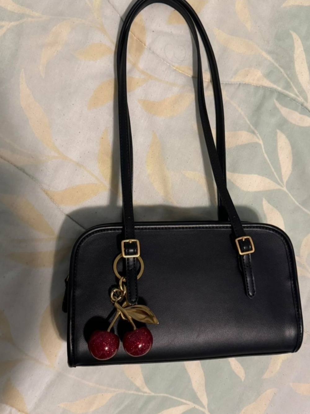 Black Women’s Shoulder Bag with Cherry Charm